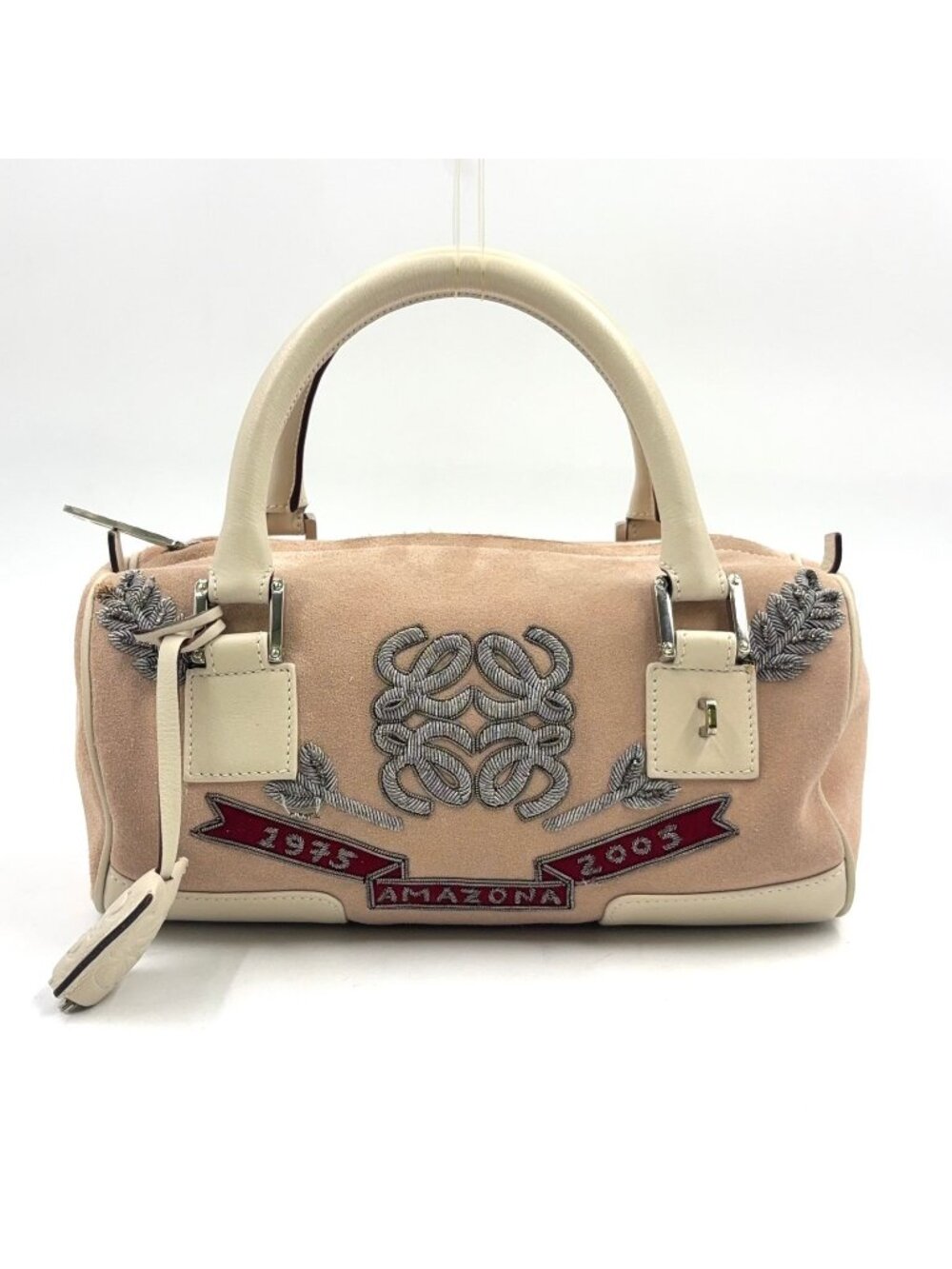 Loewe Amazona Embroidered Leather Suede White Light Pink Handbag Silver